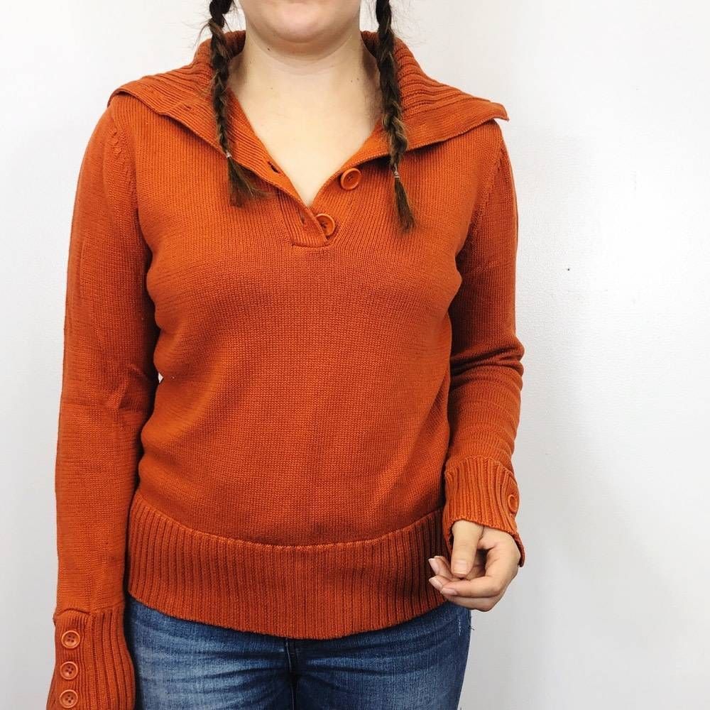 Vintage Orange Button-Trim Knit Sweater